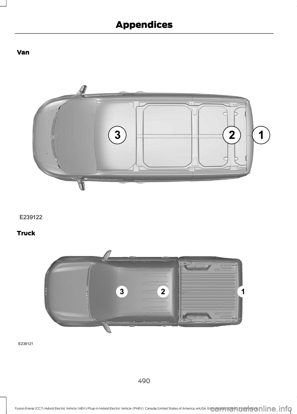 FORD FUSION HYBRID 2019  Owners Manual Van
Truck
490
Fusion Energi (CC7) Hybrid Electric Vehicle (HEV)/Plug-In Hybrid Electric Vehicle (PHEV), Canada/United States of America, enUSA, Edition date: 201805, First-Printing AppendicesE239122 E