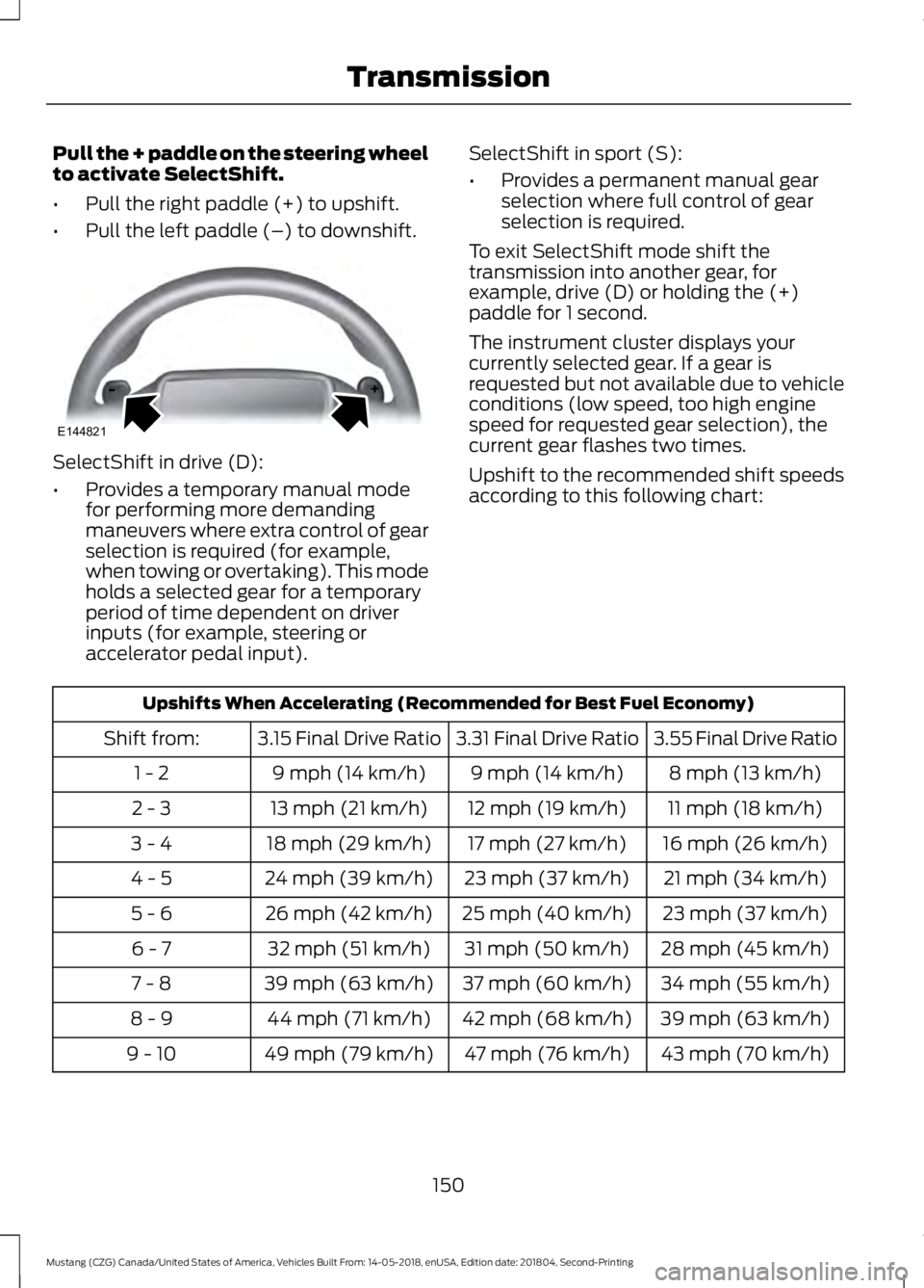 FORD MUSTANG 2019 Owners Manual Pull the + paddle on the steering wheel
to activate SelectShift.
•
Pull the right paddle (+) to upshift.
• Pull the left paddle (–) to downshift. SelectShift in drive (D):
•
Provides a tempora FORD MUSTANG 2019 Owners Manual Pull the + paddle on the steering wheel
to activate SelectShift.
•
Pull the right paddle (+) to upshift.
• Pull the left paddle (–) to downshift. SelectShift in drive (D):
•
Provides a tempora