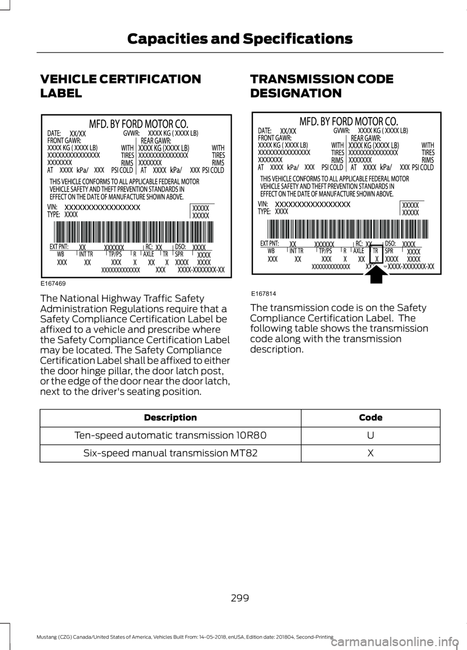 FORD MUSTANG 2019  Owners Manual VEHICLE CERTIFICATION
LABEL
The National Highway Traffic Safety
Administration Regulations require that a
Safety Compliance Certification Label be
affixed to a vehicle and prescribe where
the Safety C