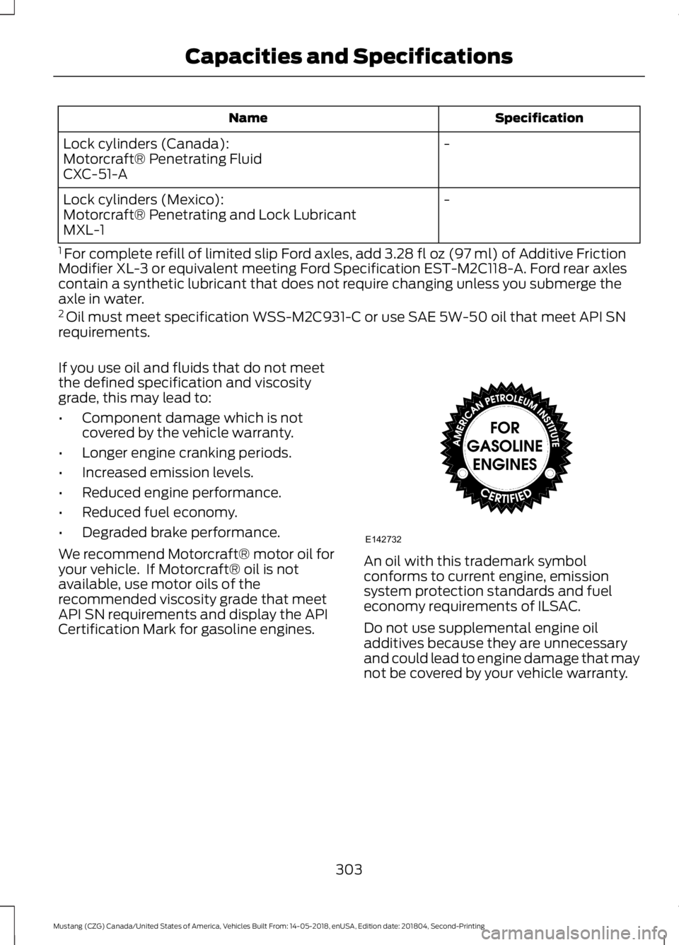 FORD MUSTANG 2019 Owners Manual Specification
Name
-
Lock cylinders (Canada):
Motorcraft® Penetrating Fluid
CXC-51-A
-
Lock cylinders (Mexico):
Motorcraft® Penetrating and Lock Lubricant
MXL-1
1 For complete refill of limited sli FORD MUSTANG 2019 Owners Manual Specification
Name
-
Lock cylinders (Canada):
Motorcraft® Penetrating Fluid
CXC-51-A
-
Lock cylinders (Mexico):
Motorcraft® Penetrating and Lock Lubricant
MXL-1
1 For complete refill of limited sli
