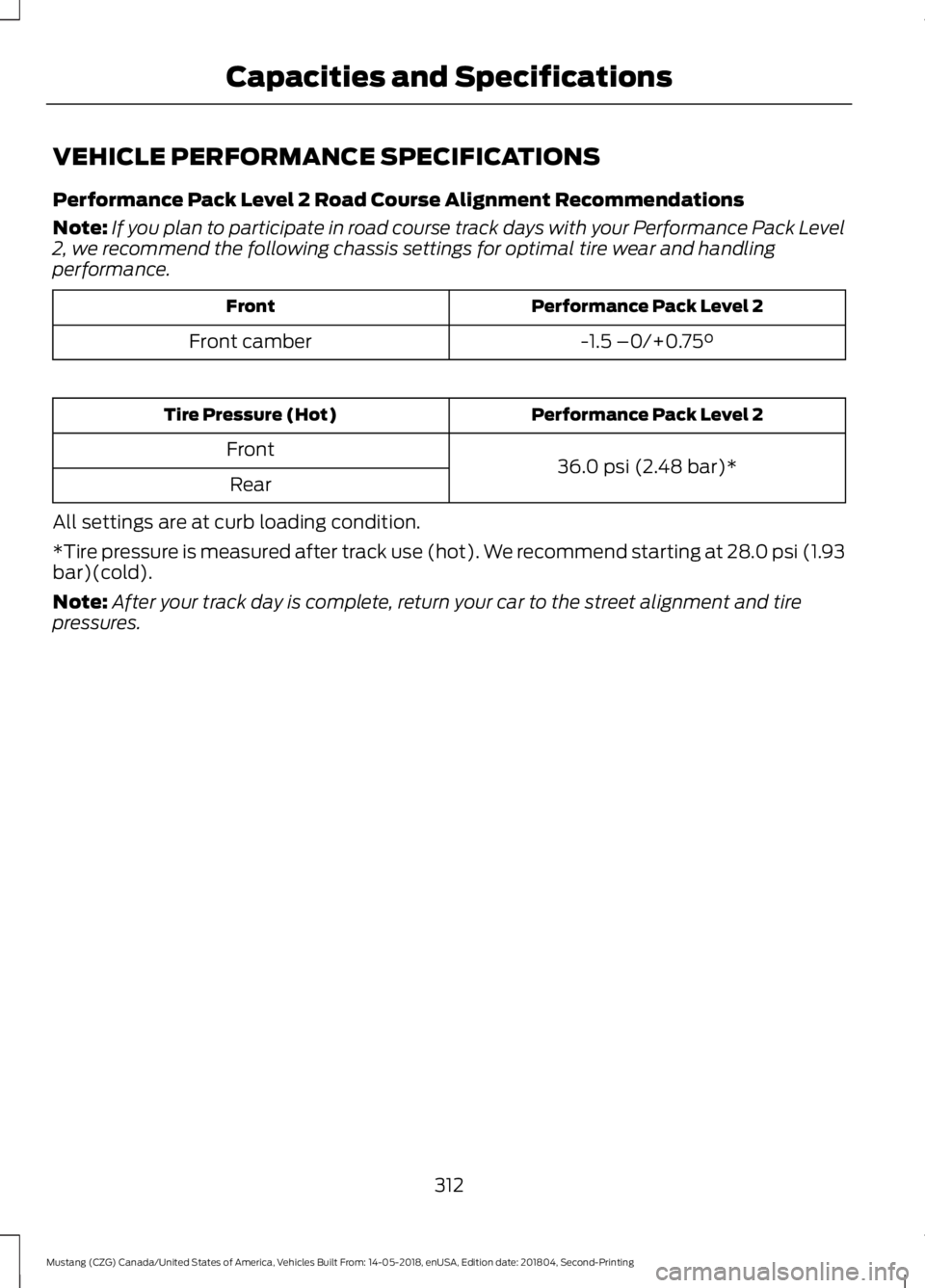 FORD MUSTANG 2019  Owners Manual VEHICLE PERFORMANCE SPECIFICATIONS
Performance Pack Level 2 Road Course Alignment Recommendations
Note:
If you plan to participate in road course track days with your Performance Pack Level
2, we reco