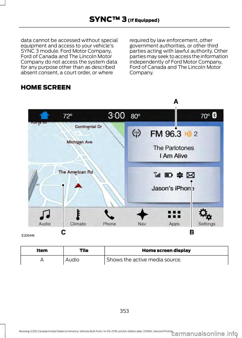 FORD MUSTANG 2019  Owners Manual data cannot be accessed without special
equipment and access to your vehicle's
SYNC 3 module. Ford Motor Company,
Ford of Canada and The Lincoln Motor
Company do not access the system data
for any