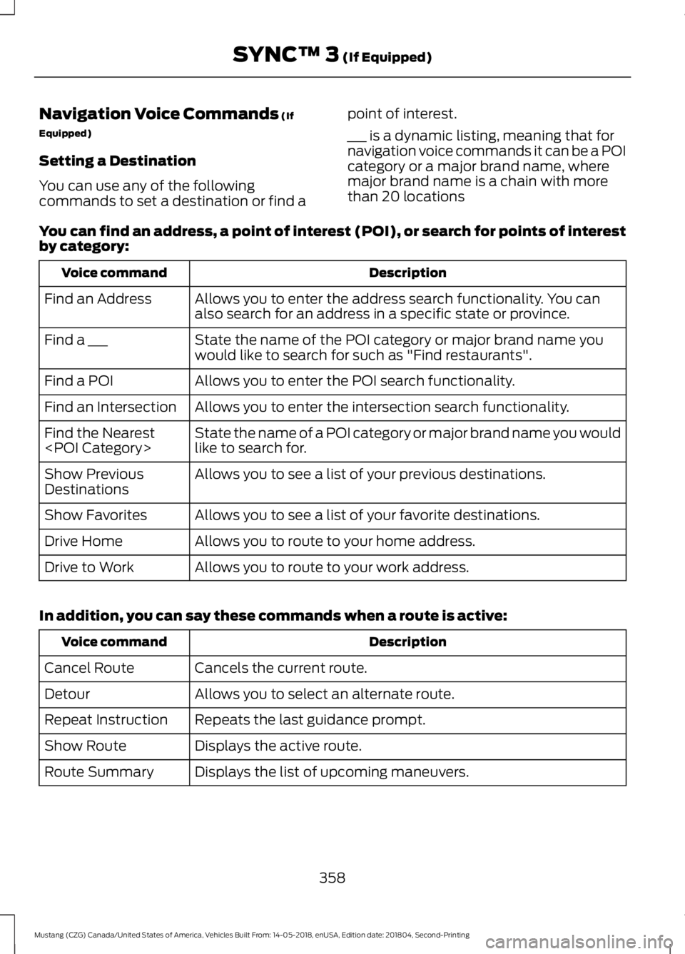 FORD MUSTANG 2019 Owners Manual Navigation Voice Commands (If
Equipped)
Setting a Destination
You can use any of the following
commands to set a destination or find a point of interest.
___ is a dynamic listing, meaning that for
nav FORD MUSTANG 2019 Owners Manual Navigation Voice Commands (If
Equipped)
Setting a Destination
You can use any of the following
commands to set a destination or find a point of interest.
___ is a dynamic listing, meaning that for
nav