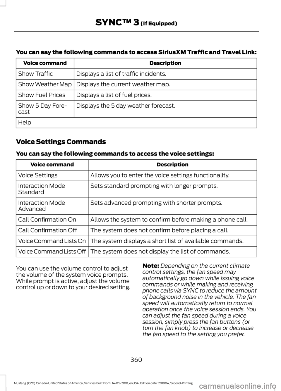 FORD MUSTANG 2019 Owners Manual You can say the following commands to access SiriusXM Traffic and Travel Link:
Description
Voice command
Displays a list of traffic incidents.
Show Traffic
Displays the current weather map.
Show Weath FORD MUSTANG 2019 Owners Manual You can say the following commands to access SiriusXM Traffic and Travel Link:
Description
Voice command
Displays a list of traffic incidents.
Show Traffic
Displays the current weather map.
Show Weath