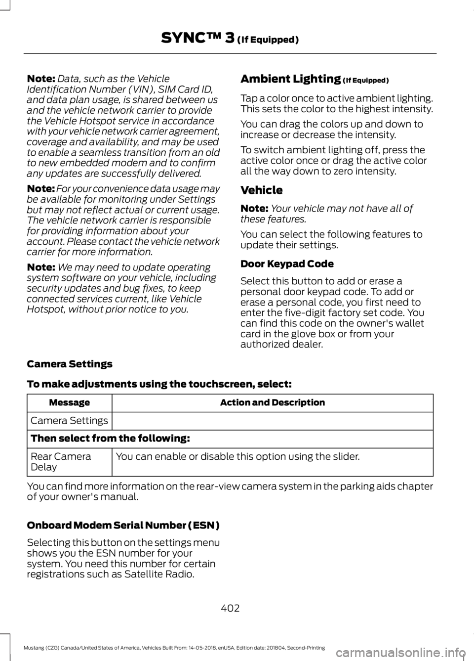 FORD MUSTANG 2019  Owners Manual Note:
Data, such as the Vehicle
Identification Number (VIN), SIM Card ID,
and data plan usage, is shared between us
and the vehicle network carrier to provide
the Vehicle Hotspot service in accordance