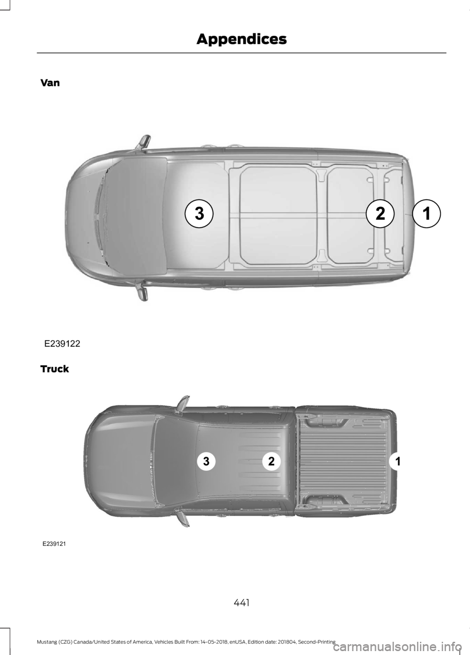 FORD MUSTANG 2019  Owners Manual Van
Truck
441
Mustang (CZG) Canada/United States of America, Vehicles Built From: 14-05-2018, enUSA, Edition date: 201804, Second-Printing AppendicesE239122 E239121  