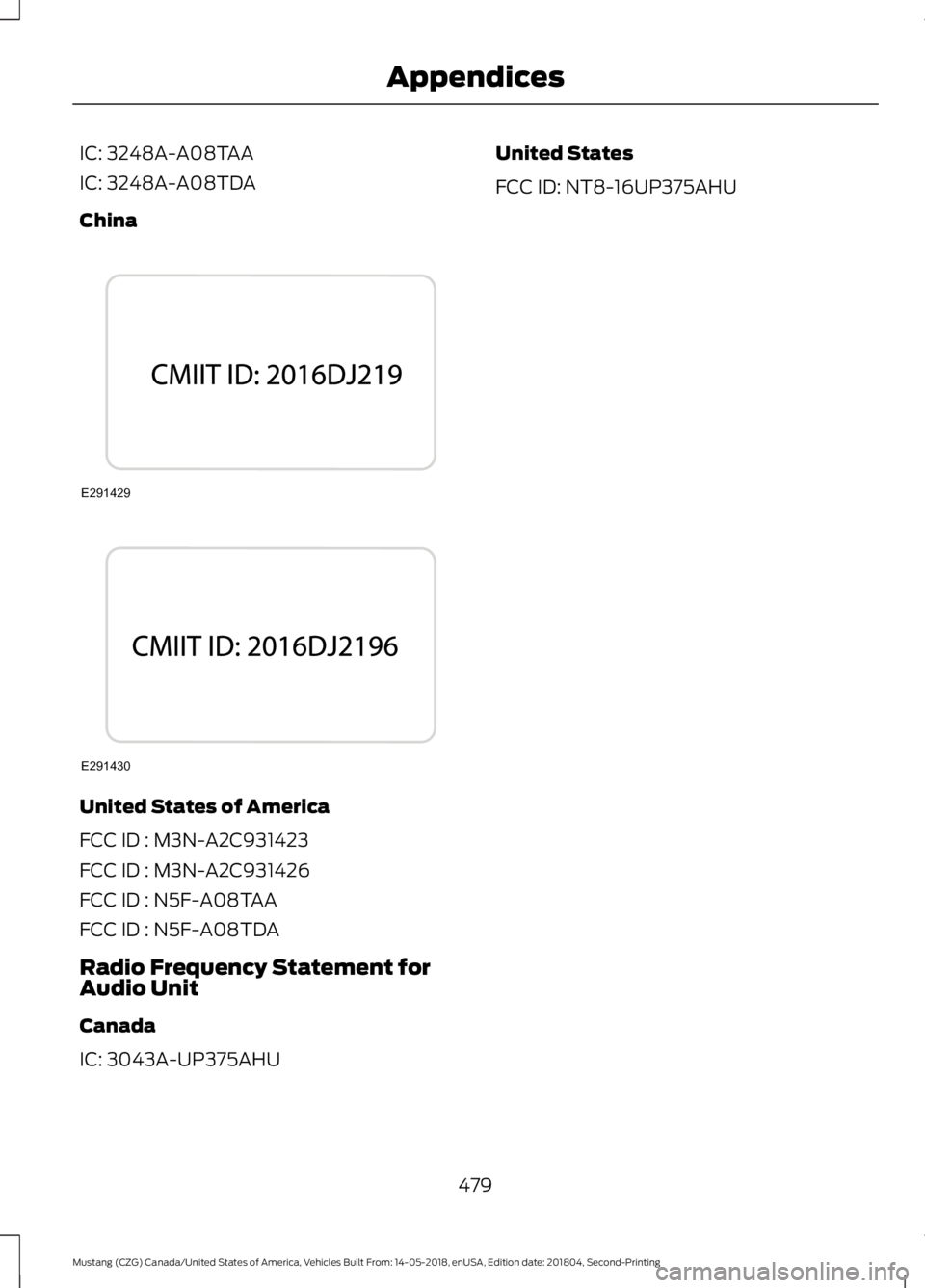 FORD MUSTANG 2019  Owners Manual IC: 3248A-A08TAA
IC: 3248A-A08TDA
China
United States of America
FCC ID : M3N-A2C931423
FCC ID : M3N-A2C931426
FCC ID : N5F-A08TAA
FCC ID : N5F-A08TDA
Radio Frequency Statement for
Audio Unit
Canada
I