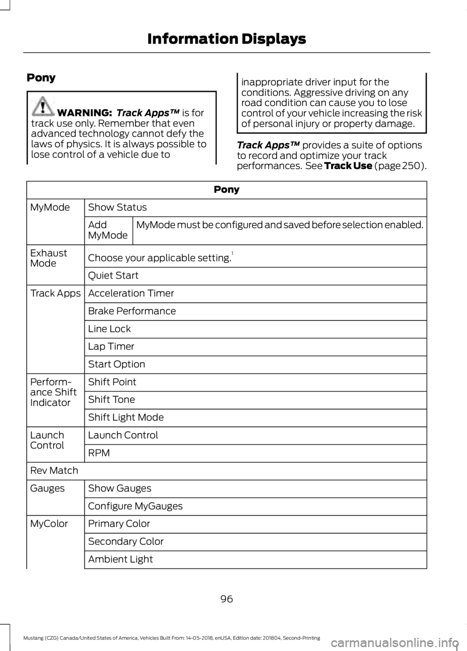 FORD MUSTANG 2019 Owners Manual Pony
WARNING:
Track Apps™ is for
track use only. Remember that even
advanced technology cannot defy the
laws of physics. It is always possible to
lose control of a vehicle due to inappropriate driv FORD MUSTANG 2019 Owners Manual Pony
WARNING:
Track Apps™ is for
track use only. Remember that even
advanced technology cannot defy the
laws of physics. It is always possible to
lose control of a vehicle due to inappropriate driv