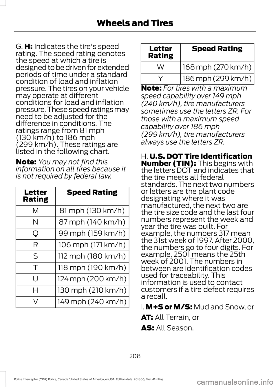 FORD POLICE INTERCEPTOR 2019  Owners Manual G.
H: Indicates the tire's speed
rating. The speed rating denotes
the speed at which a tire is
designed to be driven for extended
periods of time under a standard
condition of load and inflation
p