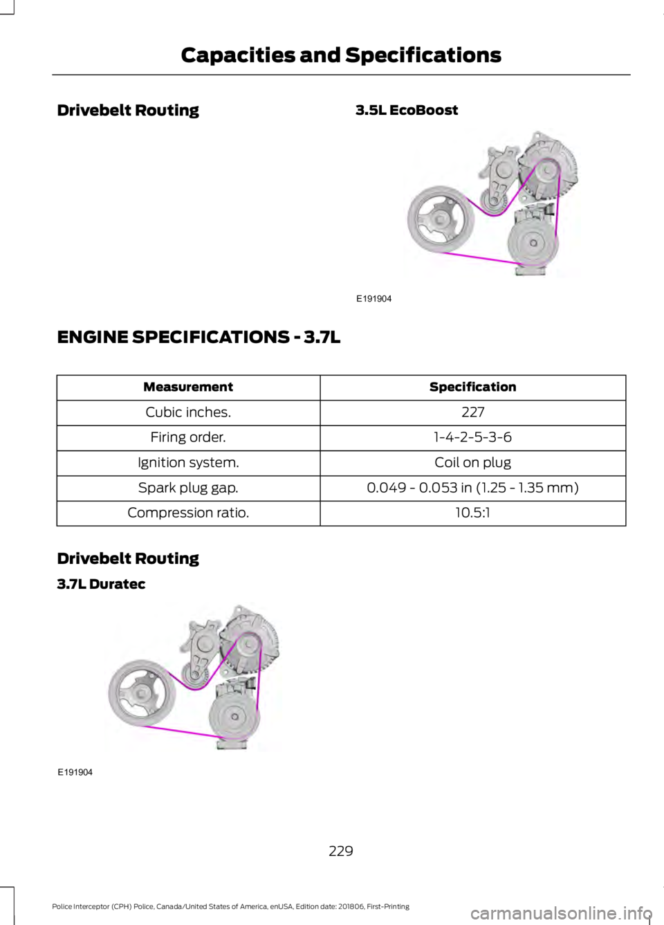FORD POLICE INTERCEPTOR 2019  Owners Manual Drivebelt Routing
3.5L EcoBoostENGINE SPECIFICATIONS - 3.7L
Specification
Measurement
227
Cubic inches.
1-4-2-5-3-6
Firing order.
Coil on plug
Ignition system.
0.049 - 0.053 in (1.25 - 1.35 mm)
Spark 