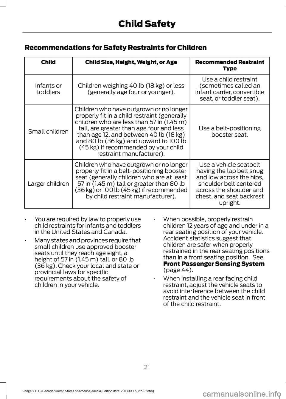 FORD RANGER 2019  Owners Manual Recommendations for Safety Restraints for Children
Recommended Restraint
Type
Child Size, Height, Weight, or Age
Child
Use a child restraint
(sometimes called an
infant carrier, convertible seat, or t
