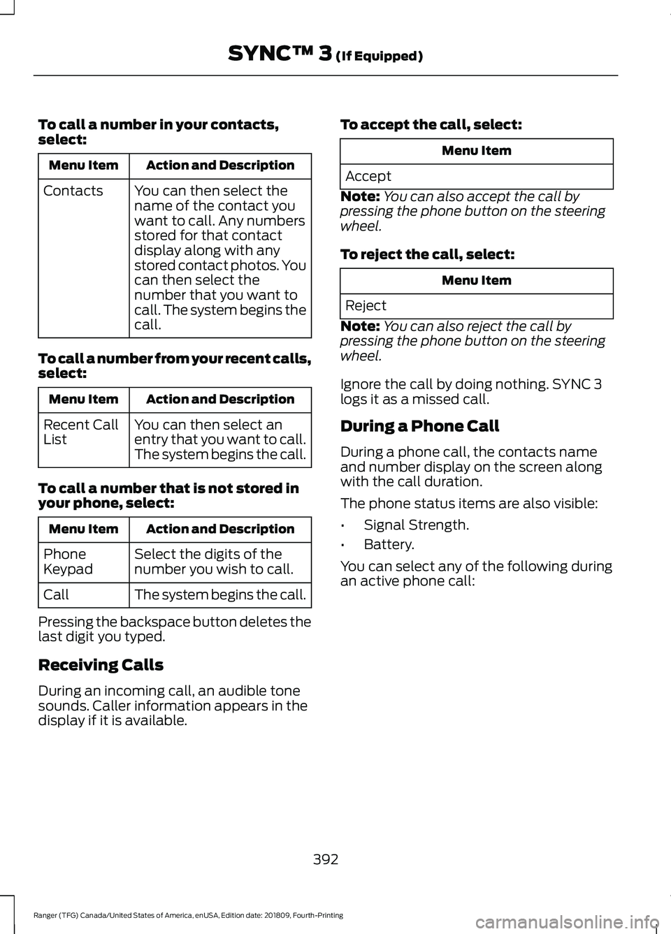 FORD RANGER 2019  Owners Manual To call a number in your contacts,
select:
Action and Description
Menu Item
You can then select the
name of the contact you
want to call. Any numbers
stored for that contact
display along with any
sto