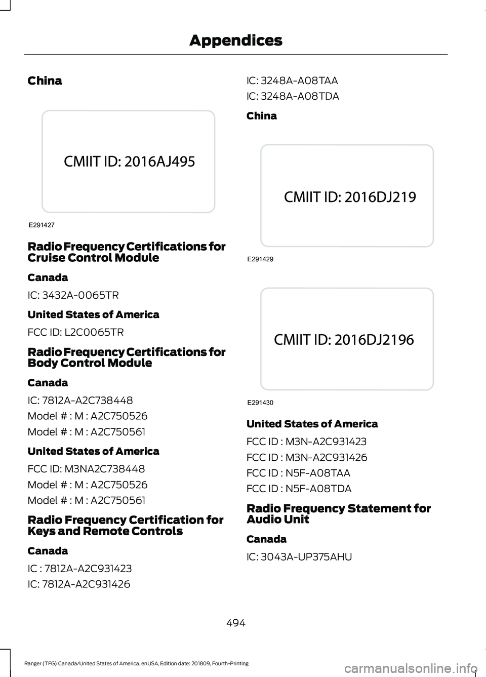 FORD RANGER 2019  Owners Manual China
Radio Frequency Certifications for
Cruise Control Module
Canada
IC: 3432A-0065TR
United States of America
FCC ID: L2C0065TR
Radio Frequency Certifications for
Body Control Module
Canada
IC: 7812