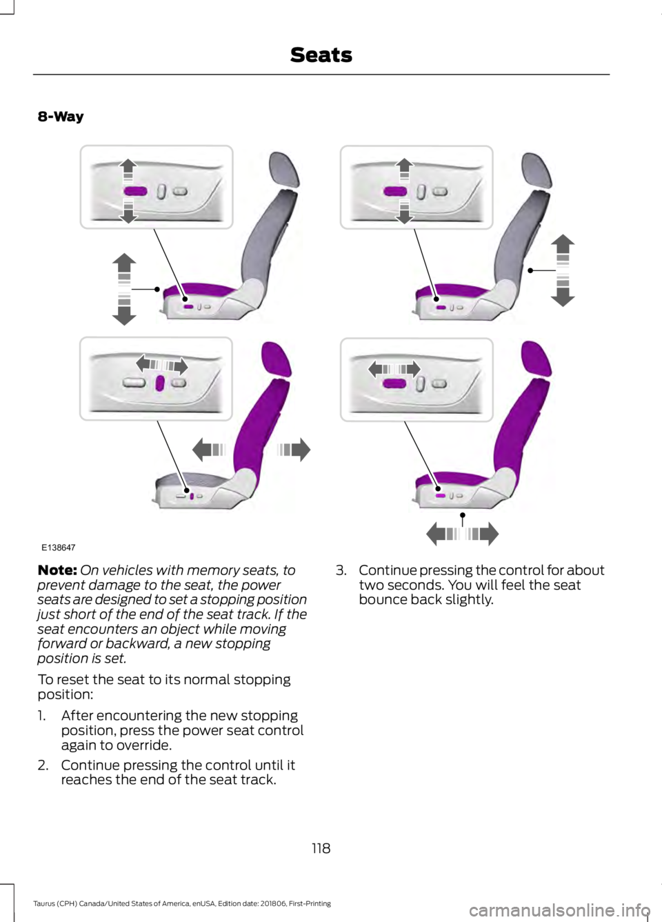 FORD TAURUS 2019  Owners Manual 8-Way
Note:
On vehicles with memory seats, to
prevent damage to the seat, the power
seats are designed to set a stopping position
just short of the end of the seat track. If the
seat encounters an obj