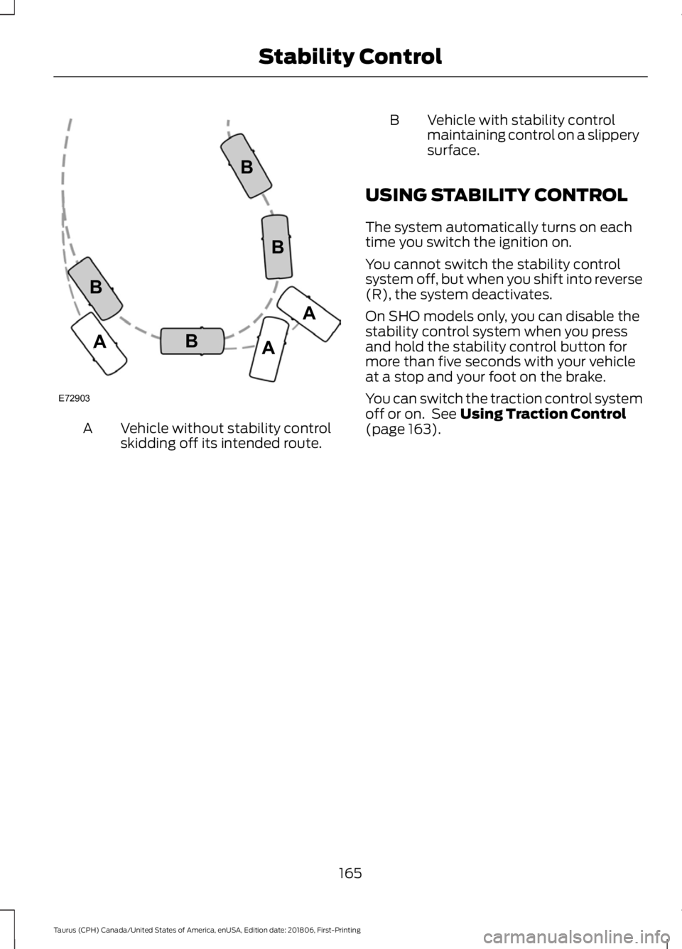 FORD TAURUS 2019  Owners Manual Vehicle without stability control
skidding off its intended route.
A B Vehicle with stability control
maintaining control on a slippery
surface.
USING STABILITY CONTROL
The system automatically turns 