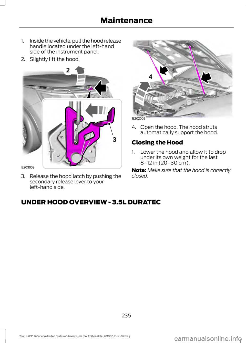 FORD TAURUS 2019  Owners Manual 1.
Inside the vehicle, pull the hood release
handle located under the left-hand
side of the instrument panel.
2. Slightly lift the hood. 3. Release the hood latch by pushing the
secondary release leve