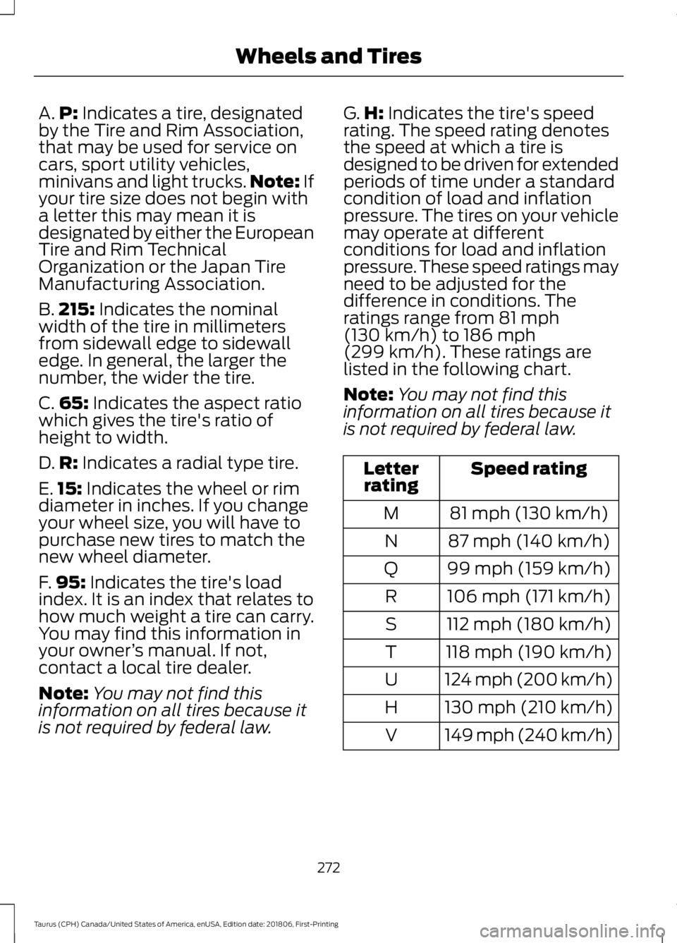 FORD TAURUS 2019  Owners Manual A.
P: Indicates a tire, designated
by the Tire and Rim Association,
that may be used for service on
cars, sport utility vehicles,
minivans and light trucks. Note:
 If
your tire size does not begin wit