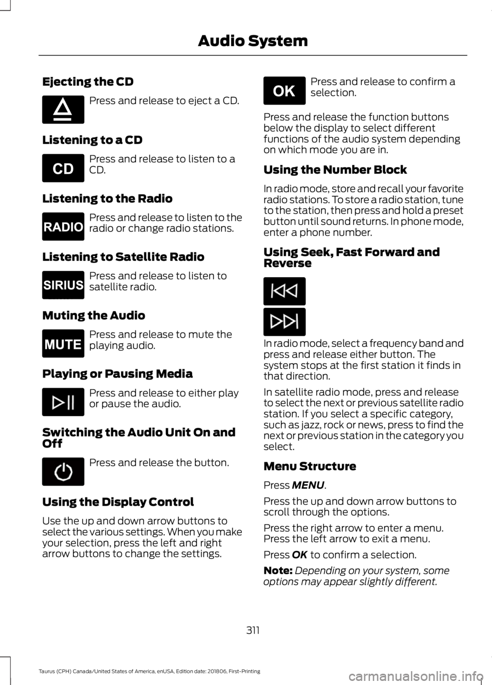 FORD TAURUS 2019  Owners Manual Ejecting the CD
Press and release to eject a CD.
Listening to a CD Press and release to listen to a
CD.
Listening to the Radio Press and release to listen to the
radio or change radio stations.
Listen