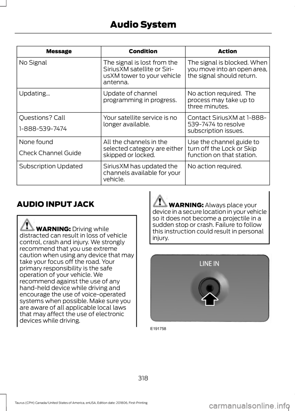 FORD TAURUS 2019  Owners Manual Action
Condition
Message
The signal is blocked. When
you move into an open area,
the signal should return.
The signal is lost from the
SiriusXM satellite or Siri-
usXM tower to your vehicle
antenna.
N