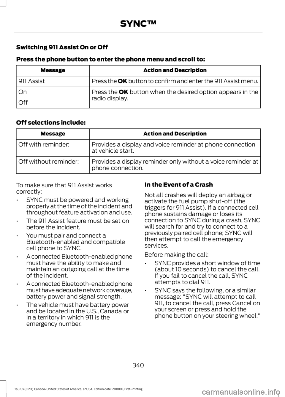 FORD TAURUS 2019  Owners Manual Switching 911 Assist On or Off
Press the phone button to enter the phone menu and scroll to:
Action and Description
Message
Press the OK button to confirm and enter the 911 Assist menu.
911 Assist
Pre