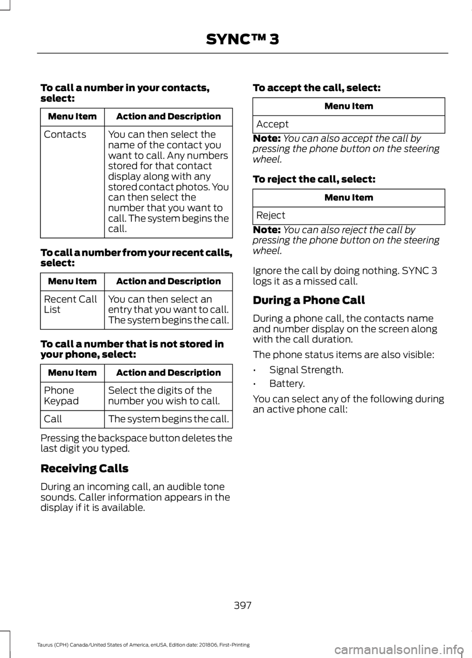 FORD TAURUS 2019  Owners Manual To call a number in your contacts,
select:
Action and Description
Menu Item
You can then select the
name of the contact you
want to call. Any numbers
stored for that contact
display along with any
sto