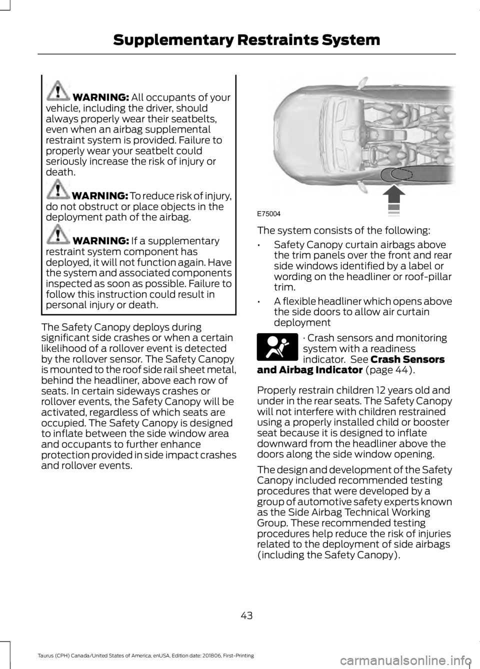 FORD TAURUS 2019  Owners Manual WARNING: All occupants of your
vehicle, including the driver, should
always properly wear their seatbelts,
even when an airbag supplemental
restraint system is provided. Failure to
properly wear your 