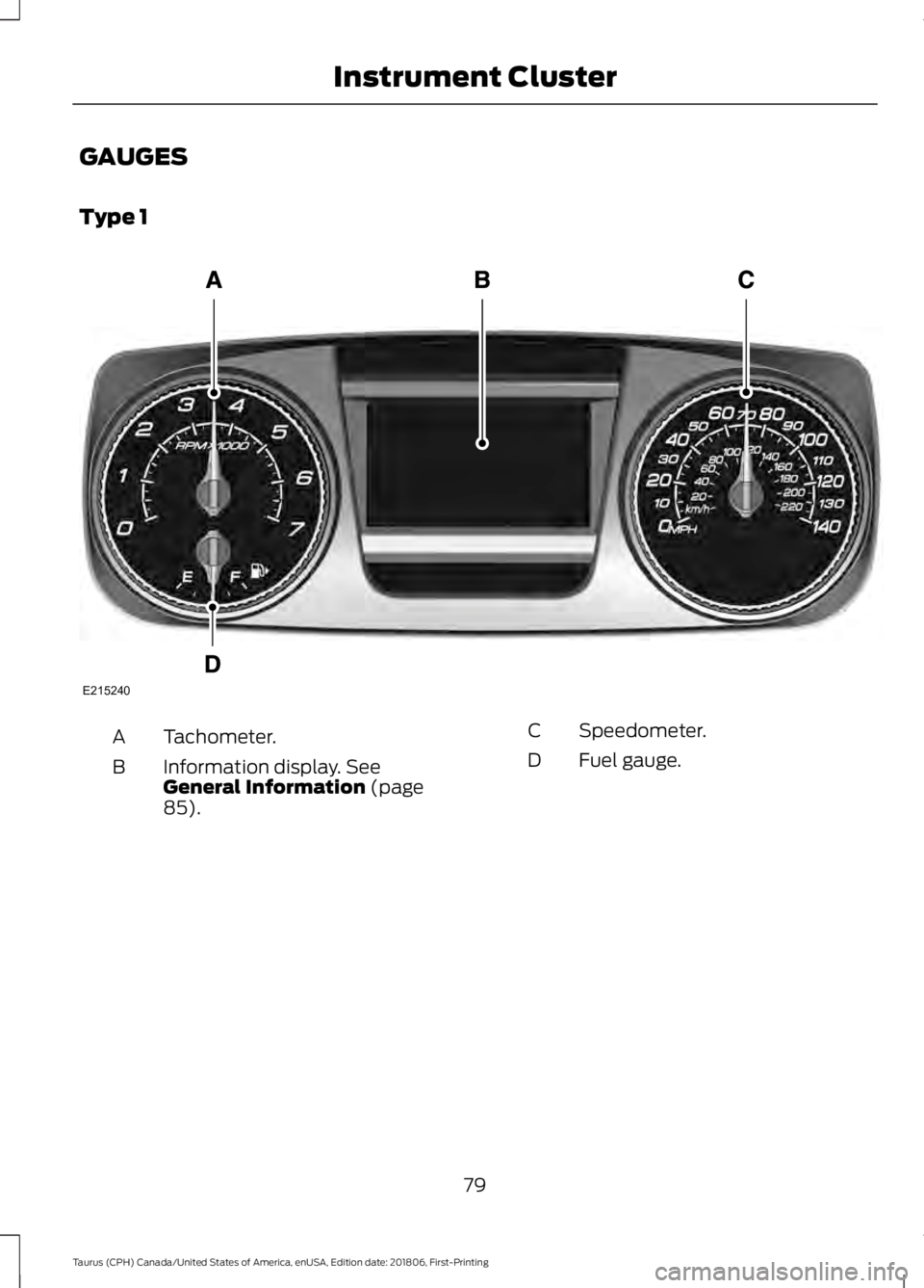 FORD TAURUS 2019  Owners Manual GAUGES
Type 1
Tachometer.
A
Information display. See
General Information (page
85).
B
Speedometer.
C
Fuel gauge.
D
79
Taurus (CPH) Canada/United States of America, enUSA, Edition date: 201806, First-P