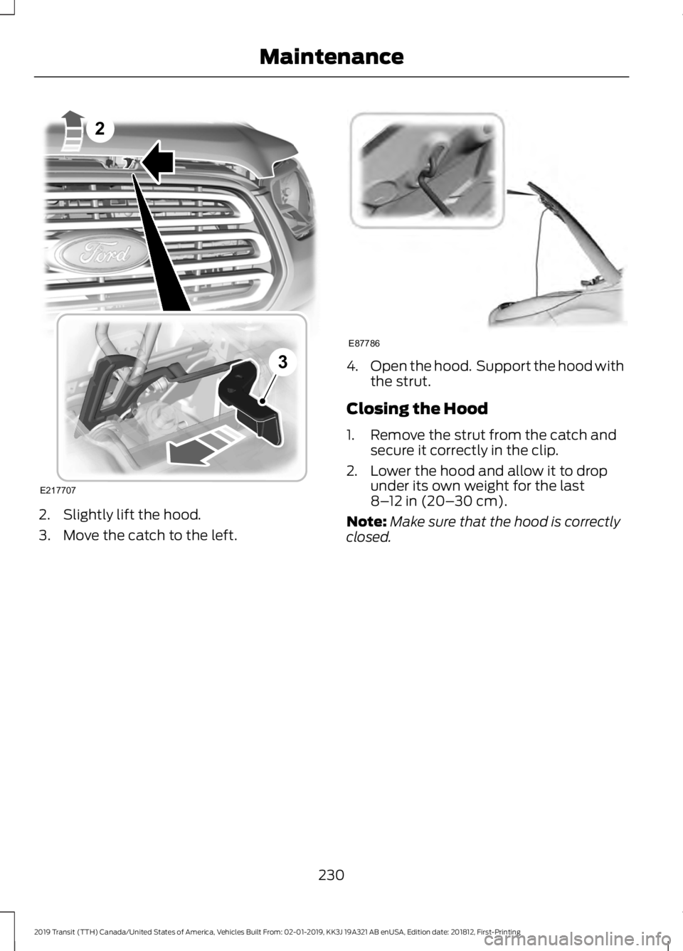 FORD TRANSIT 2019  Owners Manual 2. Slightly lift the hood.
3. Move the catch to the left. 4.
Open the hood.  Support the hood with
the strut.
Closing the Hood
1. Remove the strut from the catch and secure it correctly in the clip.
2