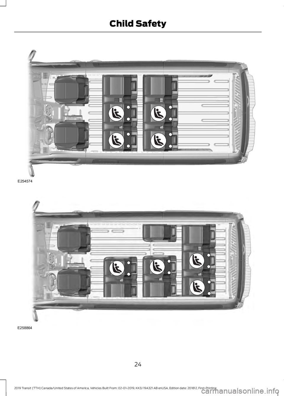 FORD TRANSIT 2019  Owners Manual 24
2019 Transit (TTH) Canada/United States of America, Vehicles Built From: 02-01-2019, KK3J 19A321 AB enUSA, Edition date: 201812, First-Printing Child SafetyE254574 E258864  