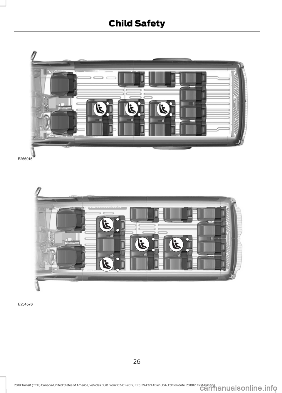 FORD TRANSIT 2019  Owners Manual 26
2019 Transit (TTH) Canada/United States of America, Vehicles Built From: 02-01-2019, KK3J 19A321 AB enUSA, Edition date: 201812, First-Printing Child SafetyE266915 E254576  