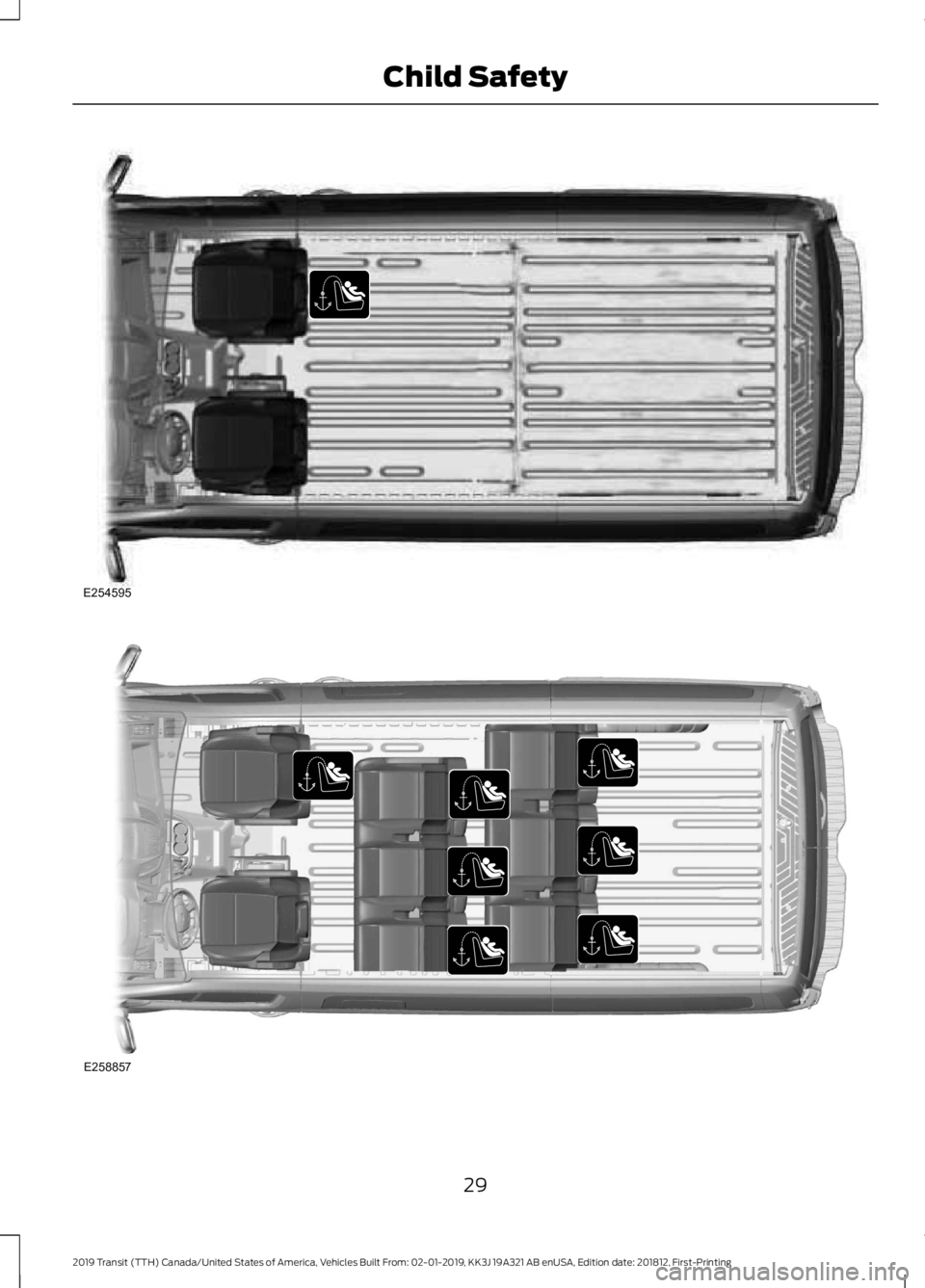FORD TRANSIT 2019  Owners Manual 29
2019 Transit (TTH) Canada/United States of America, Vehicles Built From: 02-01-2019, KK3J 19A321 AB enUSA, Edition date: 201812, First-Printing Child SafetyE254595 E258857  