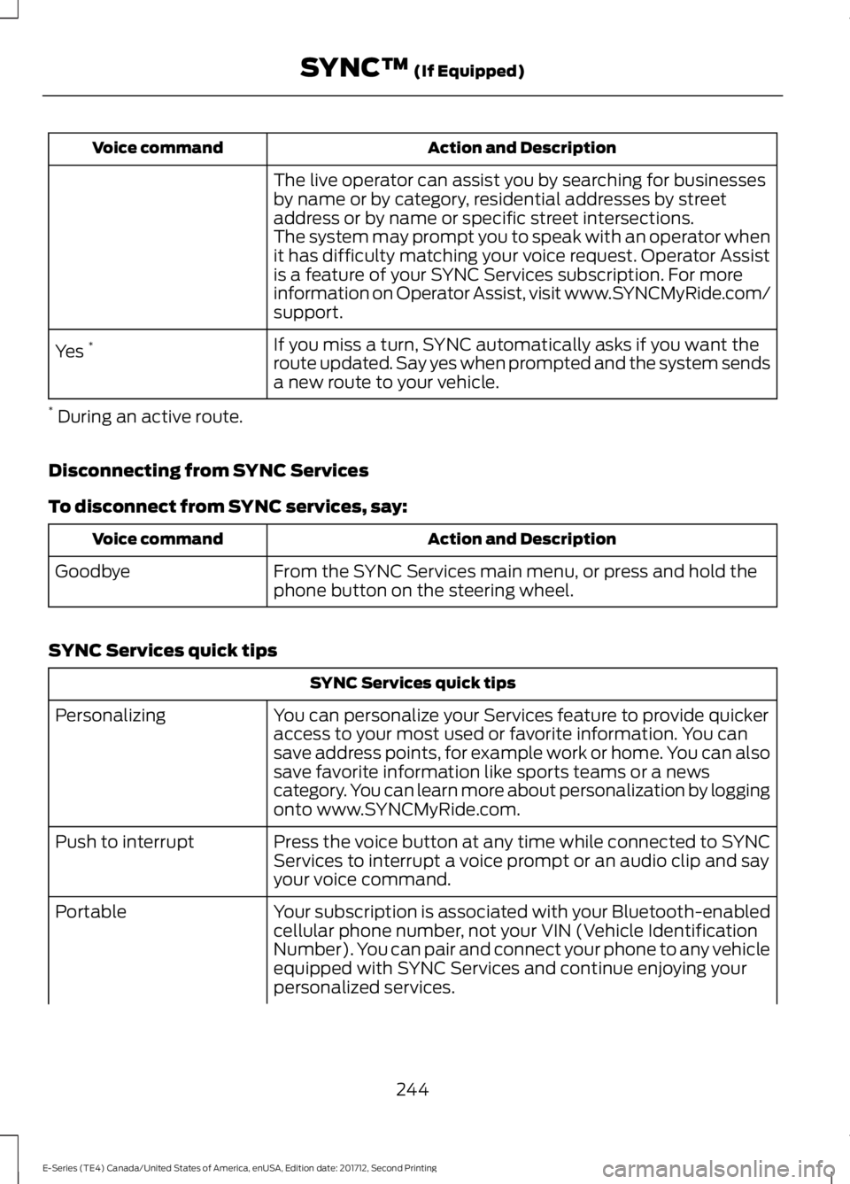 FORD E-350 2018  Owners Manual Action and Description
Voice command
The live operator can assist you by searching for businesses
by name or by category, residential addresses by street
address or by name or specific street intersec