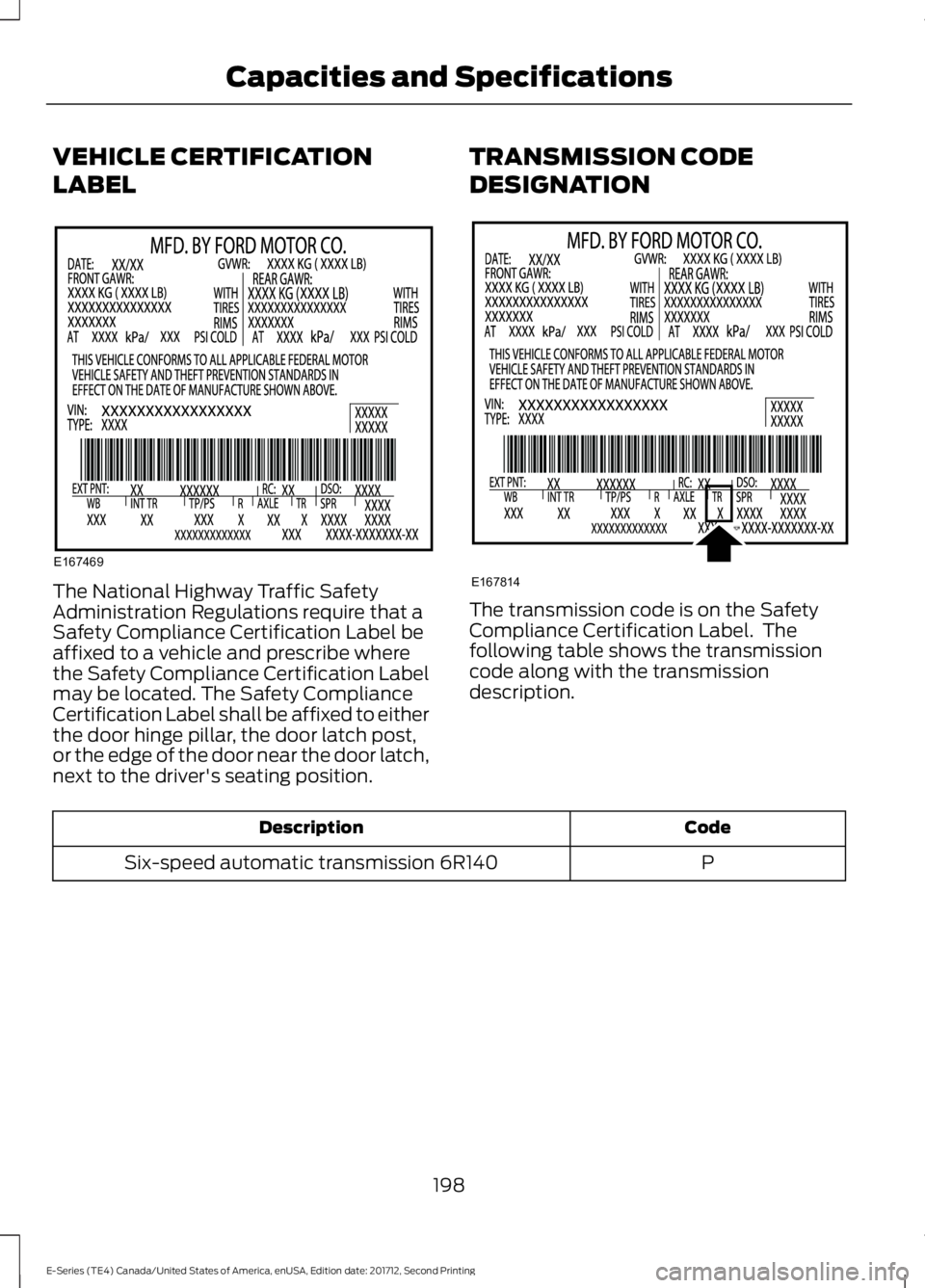 FORD E-450 2018  Owners Manual VEHICLE CERTIFICATION
LABEL
The National Highway Traffic Safety
Administration Regulations require that a
Safety Compliance Certification Label be
affixed to a vehicle and prescribe where
the Safety C