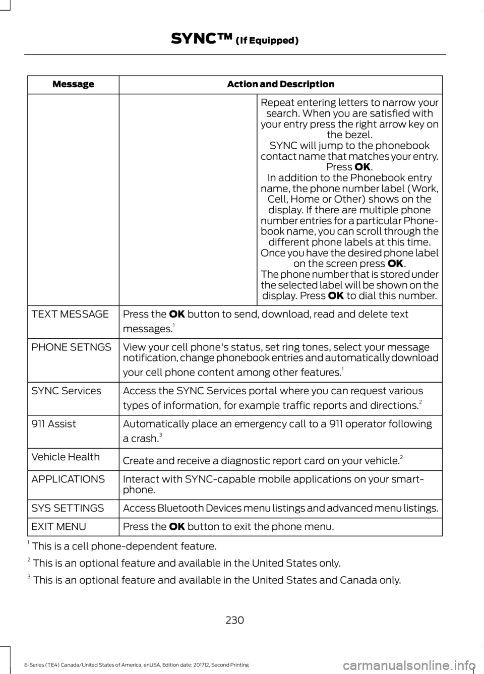 FORD E-450 2018  Owners Manual Action and Description
Message
Repeat entering letters to narrow yoursearch. When you are satisfied with
your entry press the right arrow key on the bezel.
SYNC will jump to the phonebook
contact name