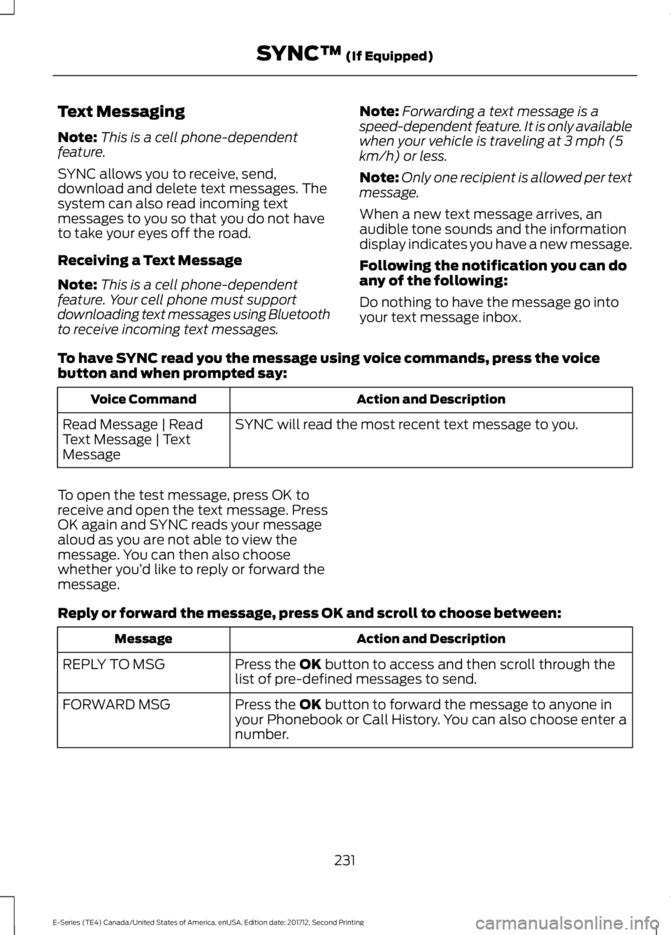 FORD E-450 2018  Owners Manual Text Messaging
Note:
This is a cell phone-dependent
feature.
SYNC allows you to receive, send,
download and delete text messages. The
system can also read incoming text
messages to you so that you do 