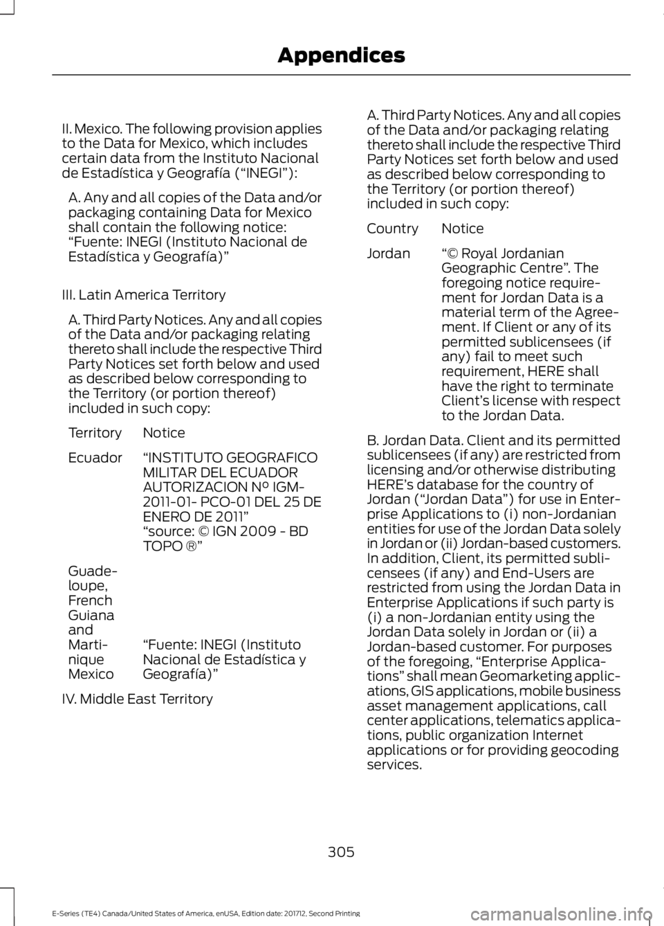 FORD E-450 2018  Owners Manual II. Mexico. The following provision applies
to the Data for Mexico, which includes
certain data from the Instituto Nacional
de Estadística y Geografía (“INEGI”):
A. Any and all copies of the Dat