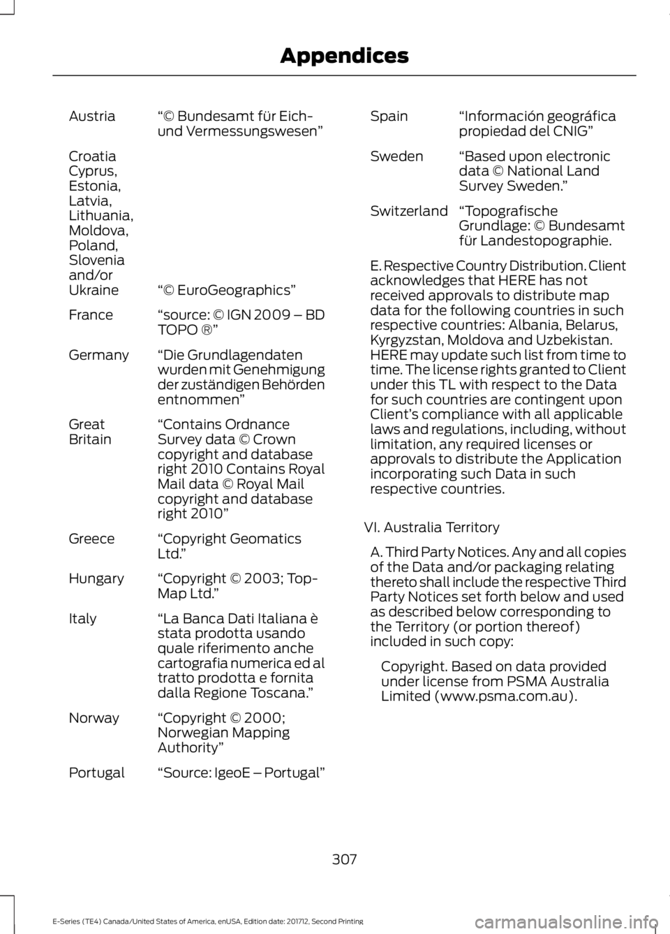 FORD E-450 2018  Owners Manual “© Bundesamt für Eich-
und Vermessungswesen
”
Austria
“© EuroGeographics”
Croatia
Cyprus,
Estonia,
Latvia,
Lithuania,
Moldova,
Poland,
Slovenia
and/or
Ukraine
“source: © IGN 2009 – BD
