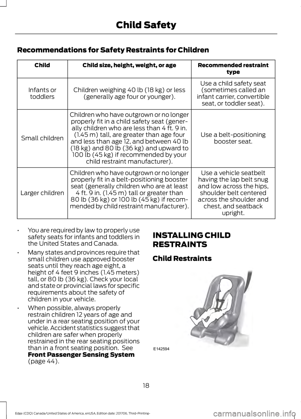 FORD EDGE 2018 Owners Manual Recommendations for Safety Restraints for Children
Recommended restraint
type
Child size, height, weight, or age
Child
Use a child safety seat(sometimes called an
infant carrier, convertible seat, or FORD EDGE 2018 Owners Manual Recommendations for Safety Restraints for Children
Recommended restraint
type
Child size, height, weight, or age
Child
Use a child safety seat(sometimes called an
infant carrier, convertible seat, or