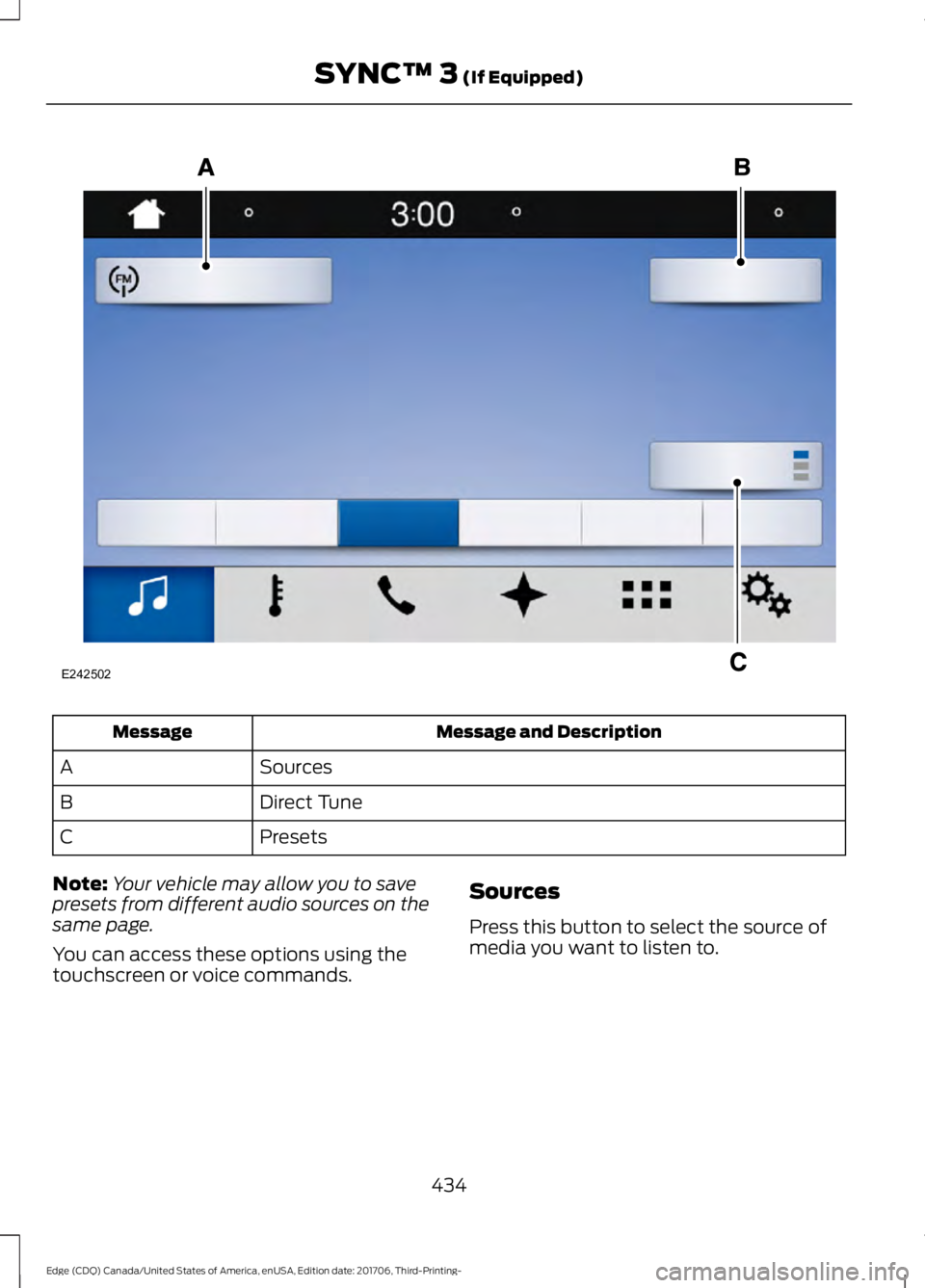 FORD EDGE 2018  Owners Manual Message and Description
Message
Sources
A
Direct Tune
B
Presets
C
Note: Your vehicle may allow you to save
presets from different audio sources on the
same page.
You can access these options using the