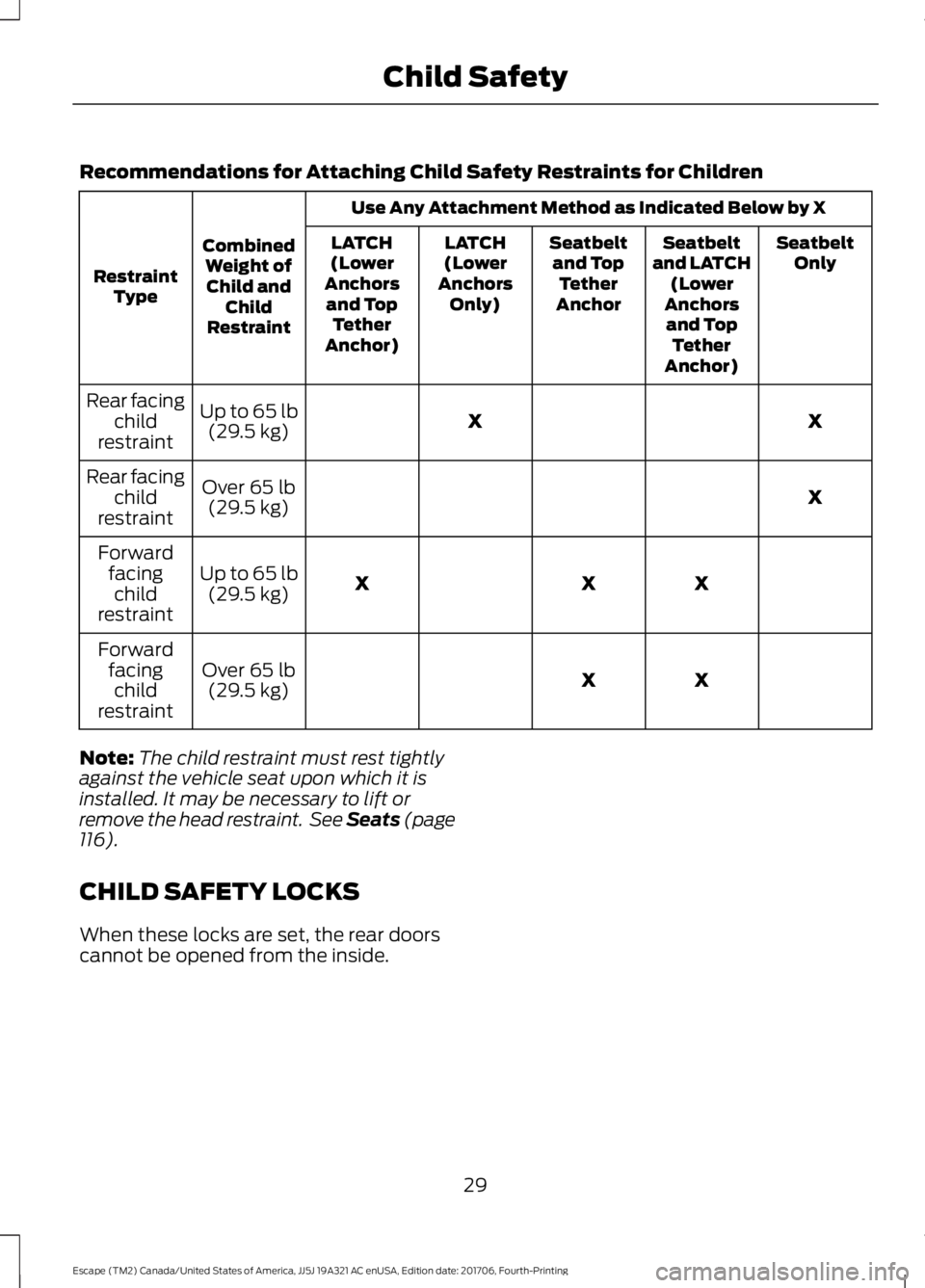 FORD ESCAPE 2018  Owners Manual Recommendations for Attaching Child Safety Restraints for Children
Use Any Attachment Method as Indicated Below by X
Combined Weight ofChild and Child
Restraint
Restraint
Type Seatbelt
Only
Seatbelt
a