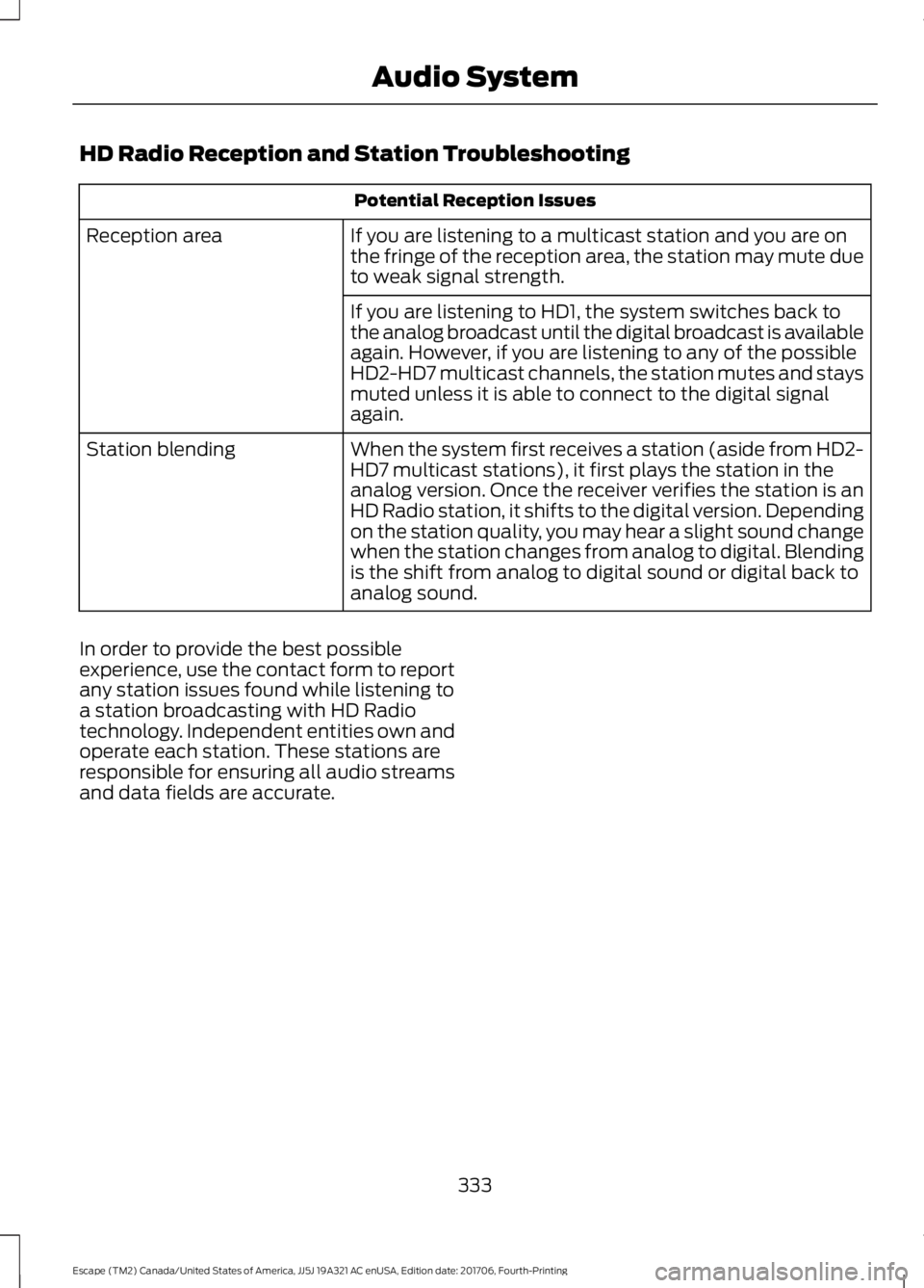 FORD ESCAPE 2018 Owners Manual HD Radio Reception and Station Troubleshooting
Potential Reception Issues
If you are listening to a multicast station and you are on
the fringe of the reception area, the station may mute due
to weak FORD ESCAPE 2018 Owners Manual HD Radio Reception and Station Troubleshooting
Potential Reception Issues
If you are listening to a multicast station and you are on
the fringe of the reception area, the station may mute due
to weak