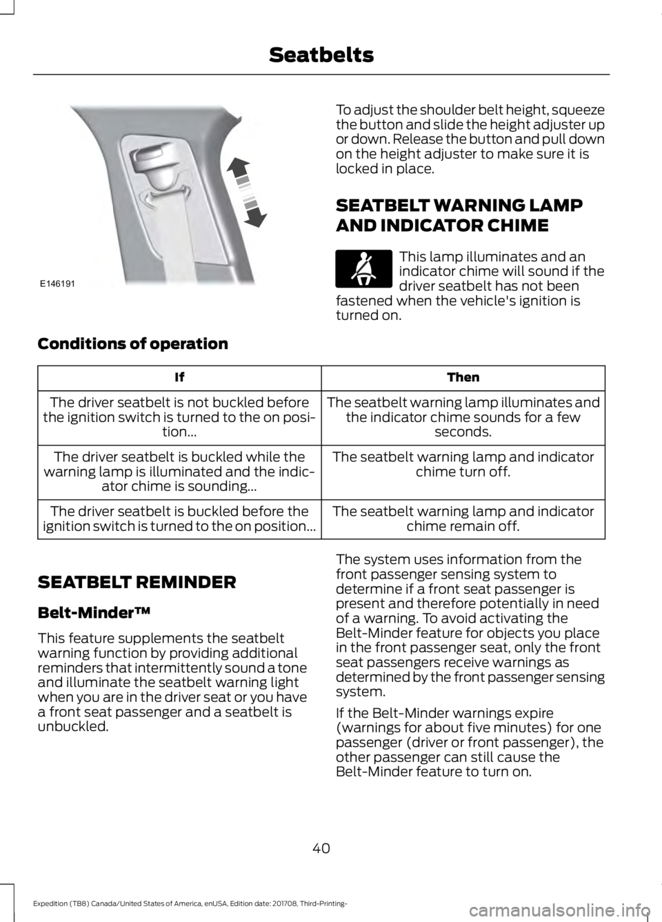 FORD EXPEDITION 2018  Owners Manual To adjust the shoulder belt height, squeeze
the button and slide the height adjuster up
or down. Release the button and pull down
on the height adjuster to make sure it is
locked in place.
SEATBELT WA