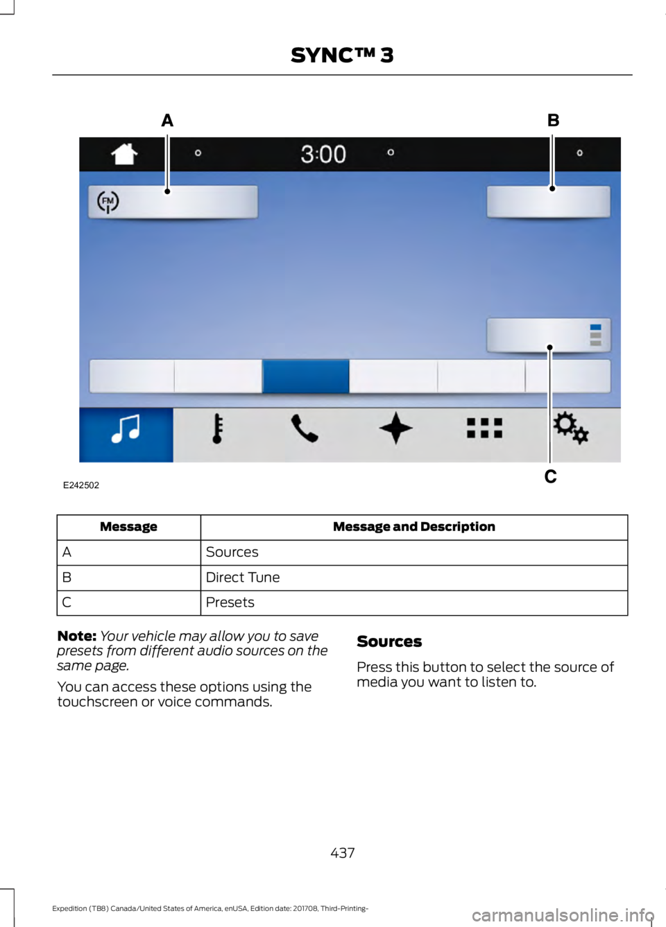 FORD EXPEDITION 2018  Owners Manual Message and Description
Message
Sources
A
Direct Tune
B
Presets
C
Note: Your vehicle may allow you to save
presets from different audio sources on the
same page.
You can access these options using the