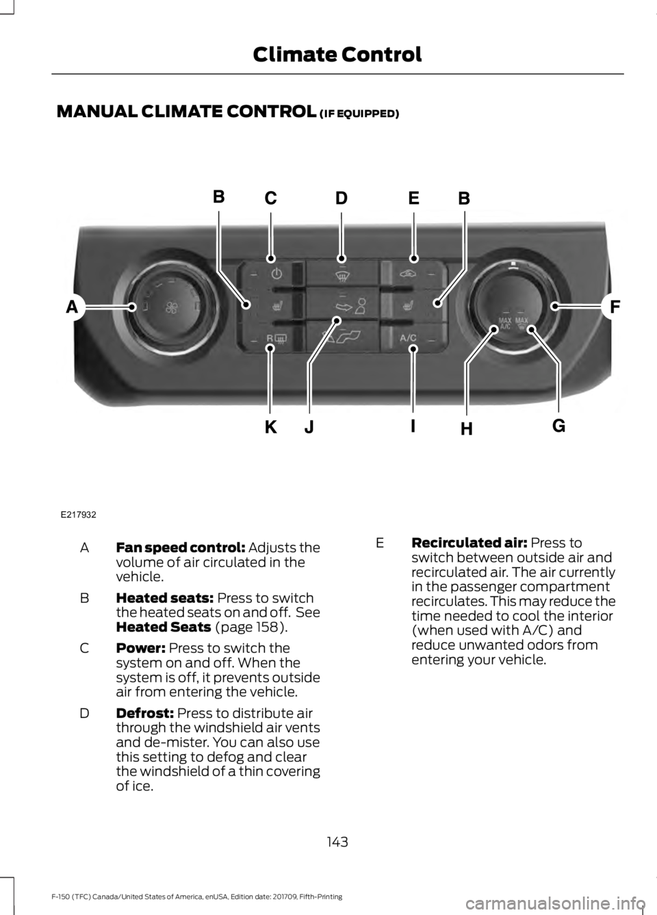FORD F-150 2018  Owners Manual MANUAL CLIMATE CONTROL (IF EQUIPPED)
Fan speed control: Adjusts the
volume of air circulated in the
vehicle.
A
Heated seats:
 Press to switch
the heated seats on and off.  See
Heated Seats
 (page 158)