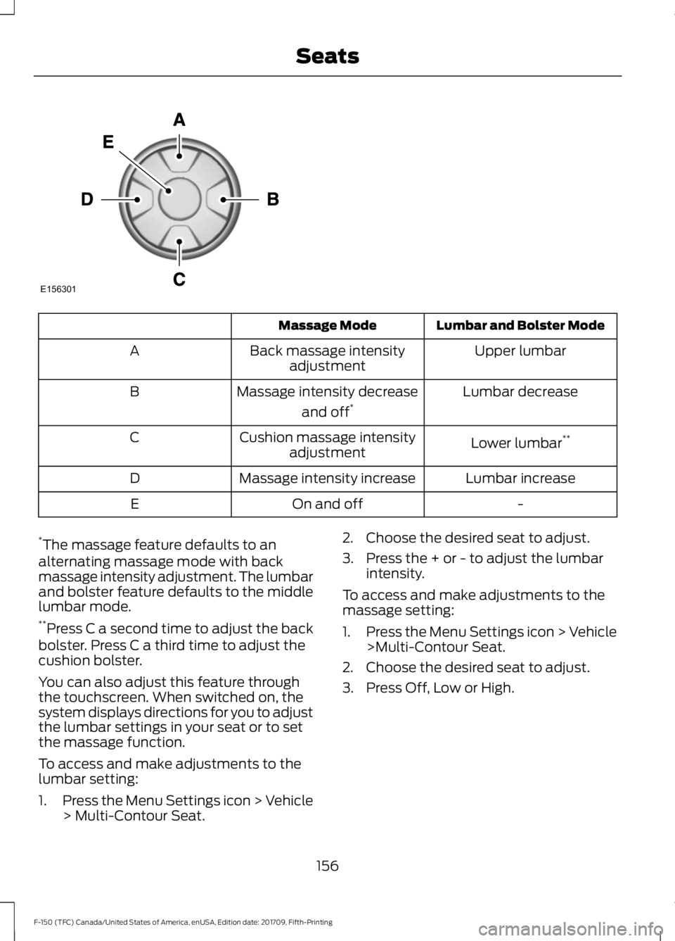 FORD F-150 2018 Owners Manual Lumbar and Bolster Mode
Massage Mode
Upper lumbar
Back massage intensity
adjustment
A
Lumbar decrease
Massage intensity decrease
and off*
B
Lower lumbar**
Cushion massage intensity
adjustment
C
Lumbar FORD F-150 2018 Owners Manual Lumbar and Bolster Mode
Massage Mode
Upper lumbar
Back massage intensity
adjustment
A
Lumbar decrease
Massage intensity decrease
and off*
B
Lower lumbar**
Cushion massage intensity
adjustment
C
Lumbar