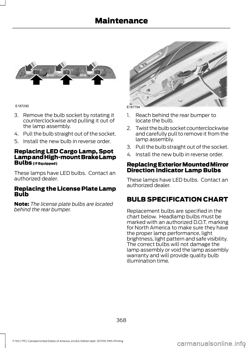 FORD F-150 2018 Owners Manual 3. Remove the bulb socket by rotating it
counterclockwise and pulling it out of
the lamp assembly.
4. Pull the bulb straight out of the socket.
5. Install the new bulb in reverse order.
Replacing LED FORD F-150 2018 Owners Manual 3. Remove the bulb socket by rotating it
counterclockwise and pulling it out of
the lamp assembly.
4. Pull the bulb straight out of the socket.
5. Install the new bulb in reverse order.
Replacing LED