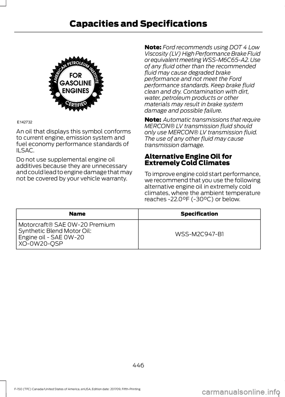 FORD F-150 2018 Owners Manual An oil that displays this symbol conforms
to current engine, emission system and
fuel economy performance standards of
ILSAC.
Do not use supplemental engine oil
additives because they are unnecessary
FORD F-150 2018 Owners Manual An oil that displays this symbol conforms
to current engine, emission system and
fuel economy performance standards of
ILSAC.
Do not use supplemental engine oil
additives because they are unnecessary