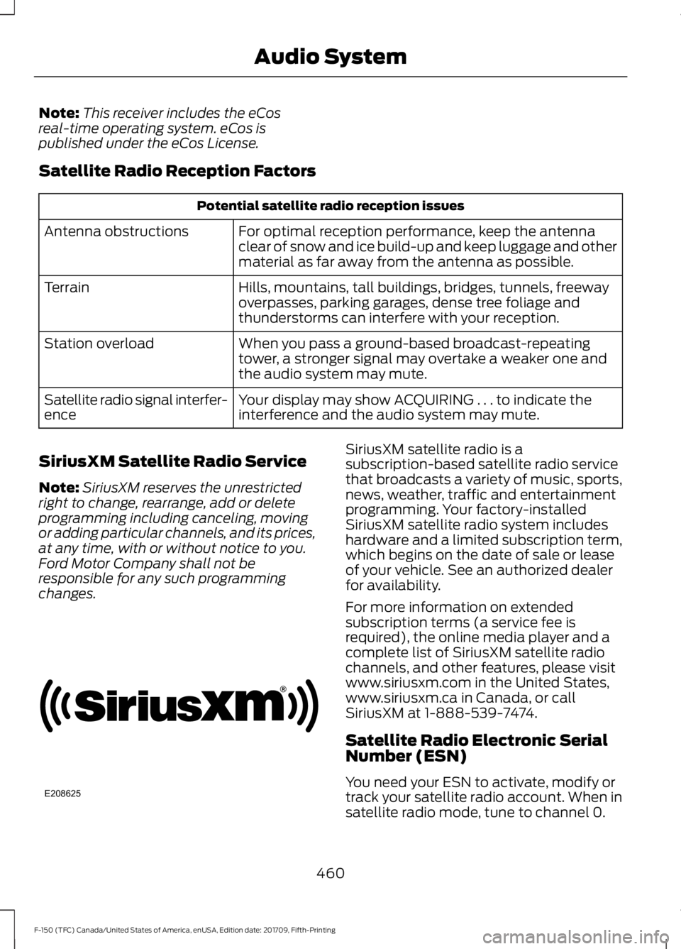 FORD F-150 2018 Owners Manual Note:
This receiver includes the eCos
real-time operating system. eCos is
published under the eCos License.
Satellite Radio Reception Factors Potential satellite radio reception issues
For optimal rec FORD F-150 2018 Owners Manual Note:
This receiver includes the eCos
real-time operating system. eCos is
published under the eCos License.
Satellite Radio Reception Factors Potential satellite radio reception issues
For optimal rec