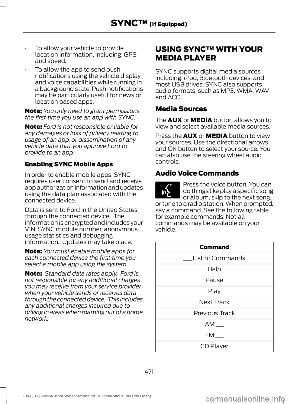 FORD F-150 2018 Owners Manual •
To allow your vehicle to provide
location information, including: GPS
and speed.
• To allow the app to send push
notifications using the vehicle display
and voice capabilities while running in
a FORD F-150 2018 Owners Manual •
To allow your vehicle to provide
location information, including: GPS
and speed.
• To allow the app to send push
notifications using the vehicle display
and voice capabilities while running in
a