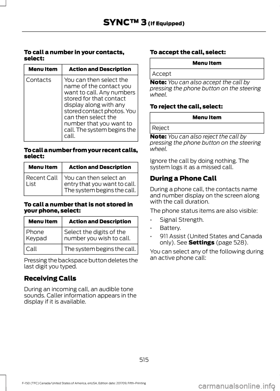 FORD F-150 2018 Owners Manual To call a number in your contacts,
select:
Action and Description
Menu Item
You can then select the
name of the contact you
want to call. Any numbers
stored for that contact
display along with any
sto FORD F-150 2018 Owners Manual To call a number in your contacts,
select:
Action and Description
Menu Item
You can then select the
name of the contact you
want to call. Any numbers
stored for that contact
display along with any
sto